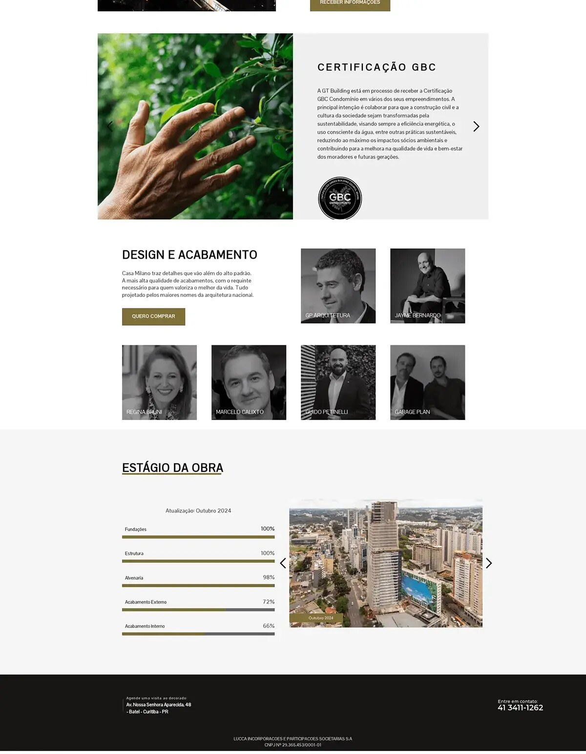 Seções finais e pontos de contato do website Casa Millano